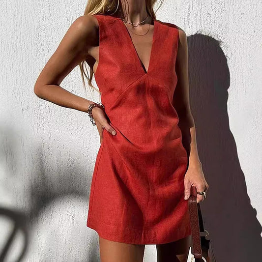 V-Neck Cotton Linen Sleeveless Dress