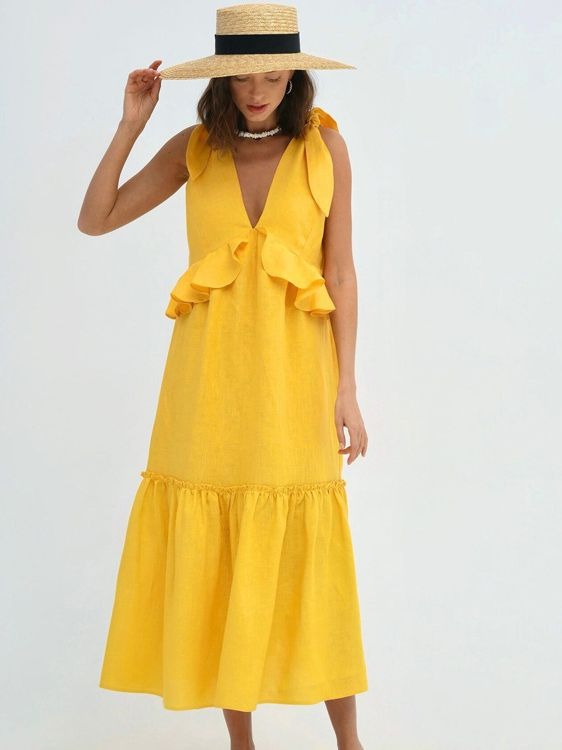 Ruffle Edge Sleeveless Design V-neck Dress