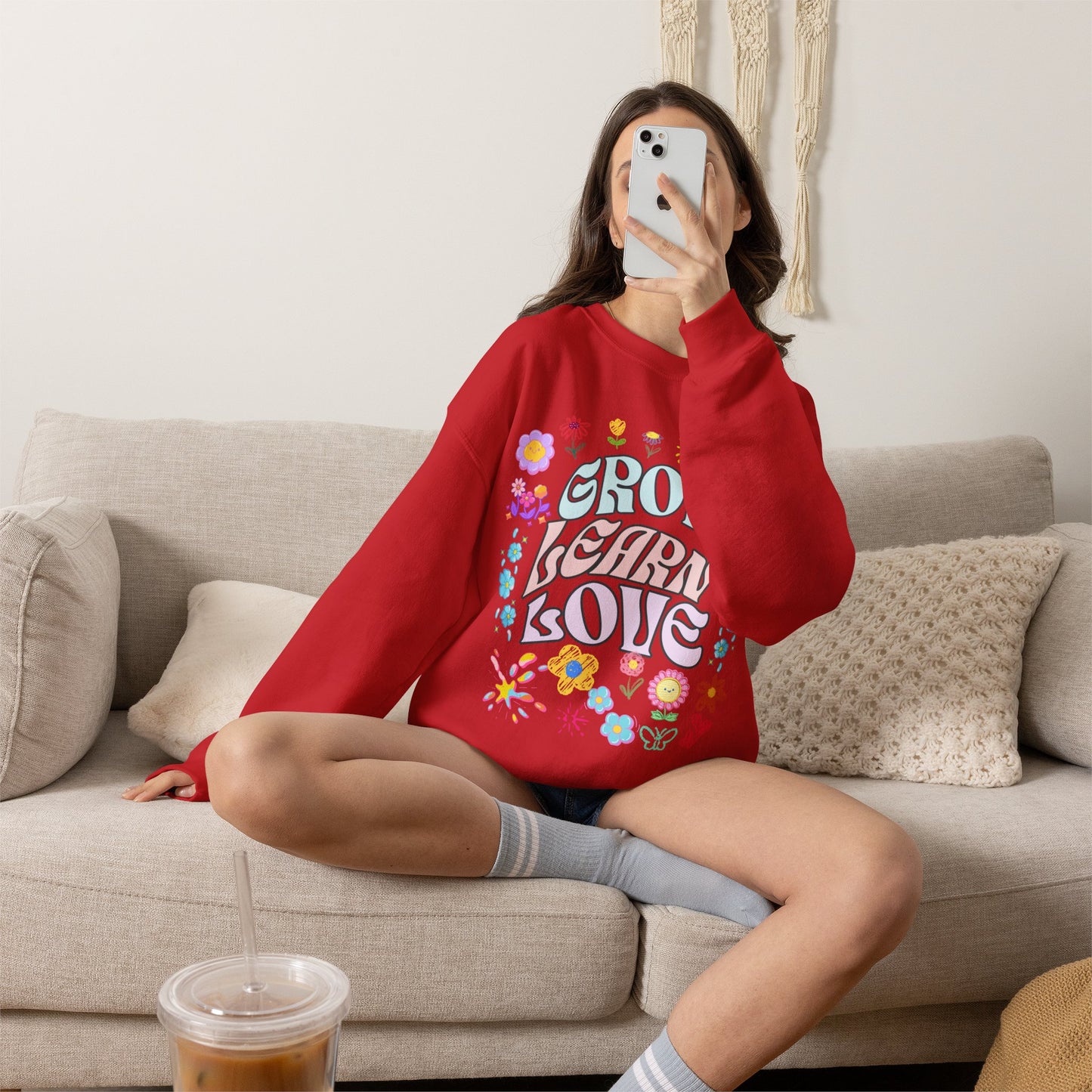 Grow Learn Love Crewneck Sweatshirt — Floral Retro Graphic