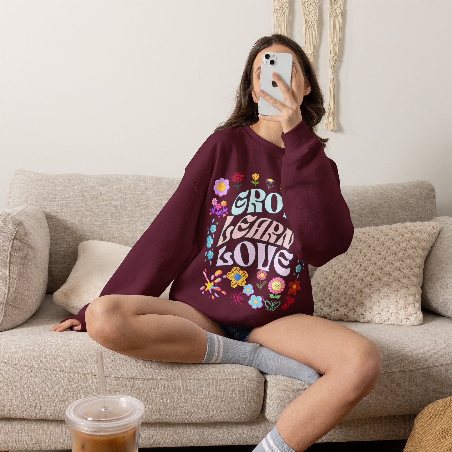 Grow Learn Love Crewneck Sweatshirt — Floral Retro Graphic