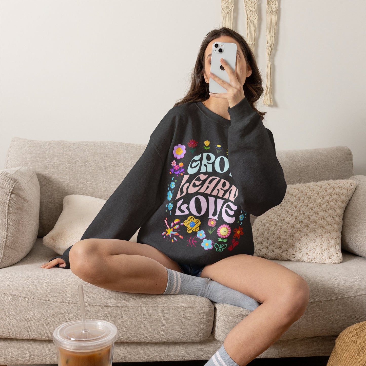 Grow Learn Love Crewneck Sweatshirt — Floral Retro Graphic