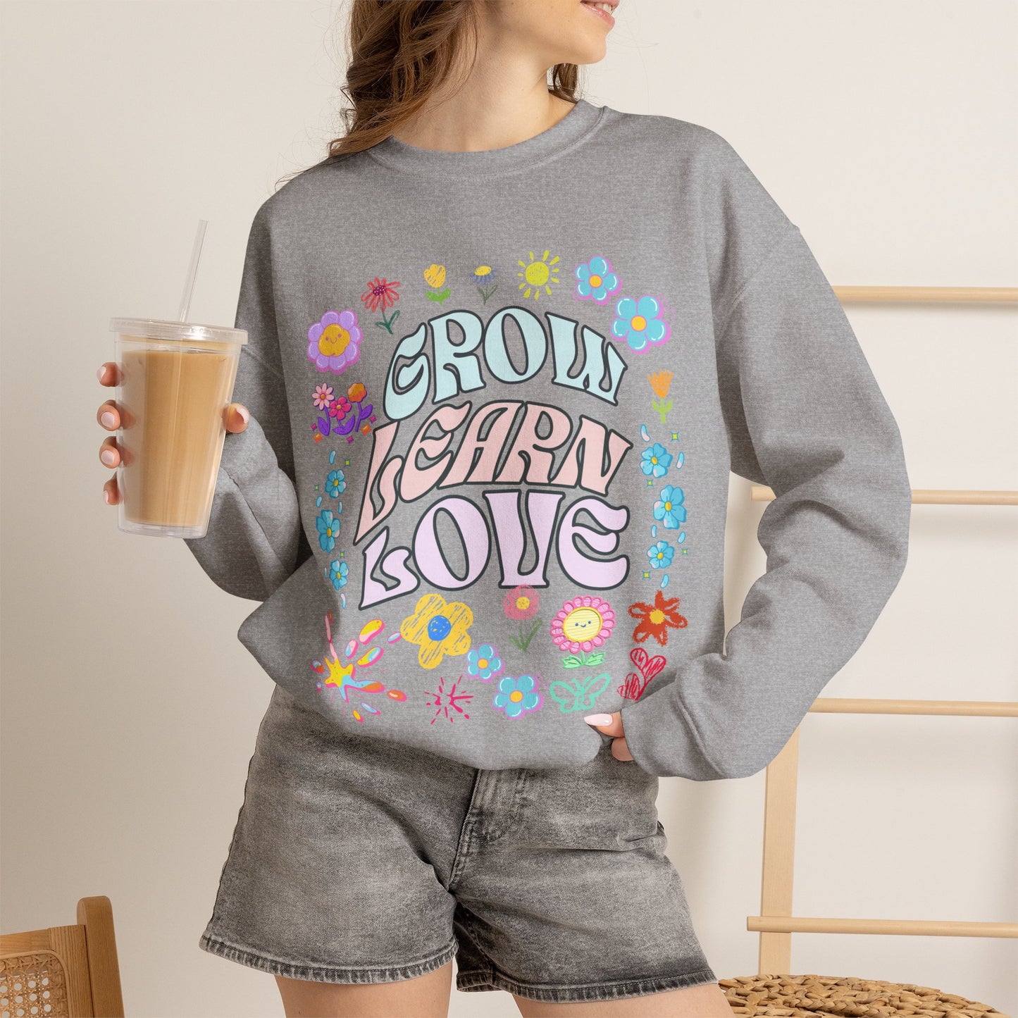 Grow Learn Love Crewneck Sweatshirt — Floral Retro Graphic