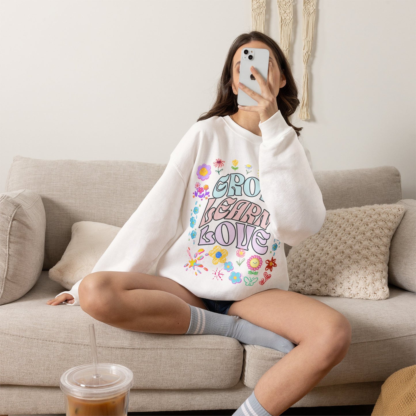 Grow Learn Love Crewneck Sweatshirt — Floral Retro Graphic