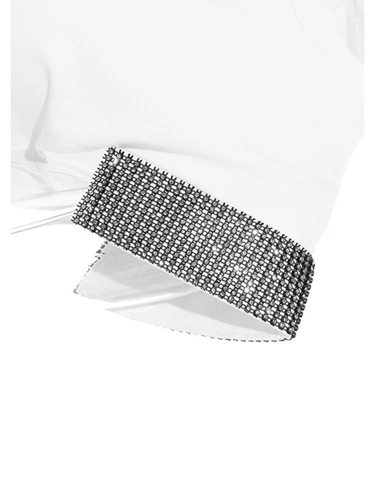White T-shirt Rhinestones Shining Slim