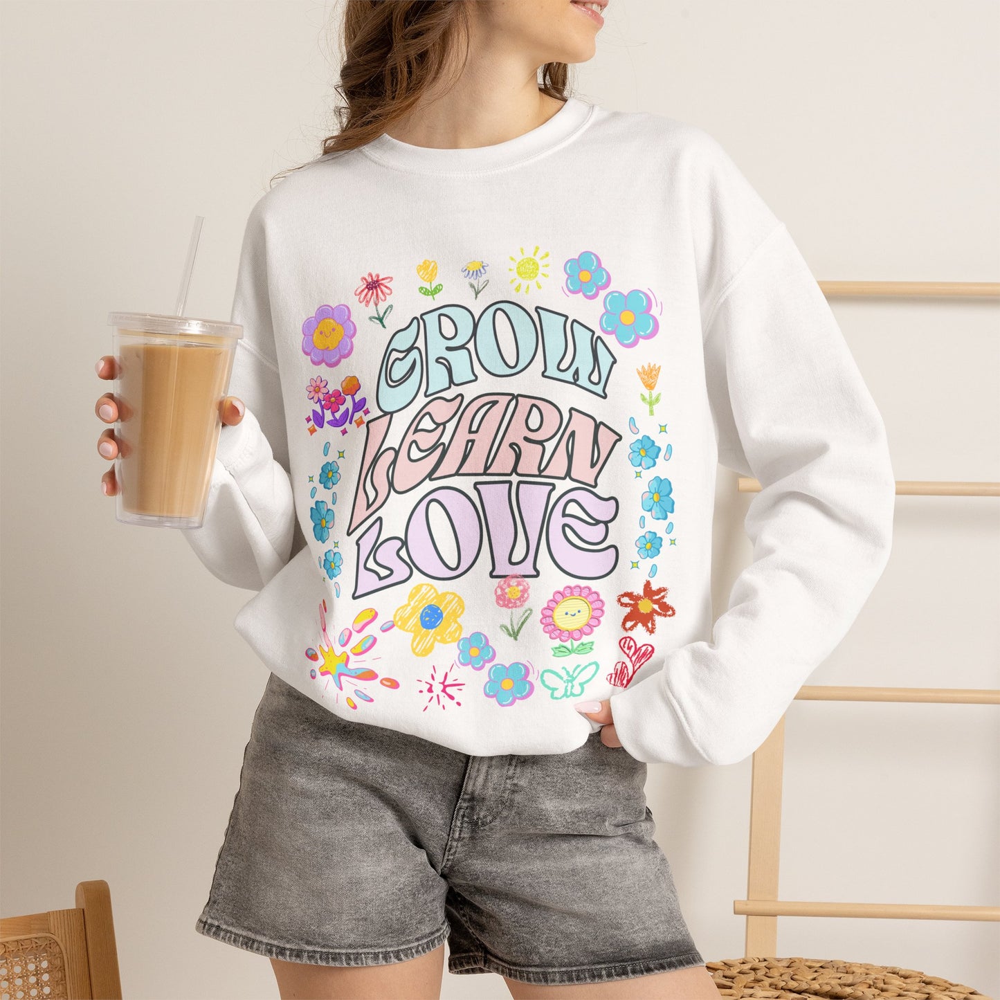 Grow Learn Love Crewneck Sweatshirt — Floral Retro Graphic