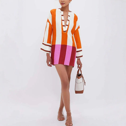 Printed Linen Long Sleeve Loose Dress