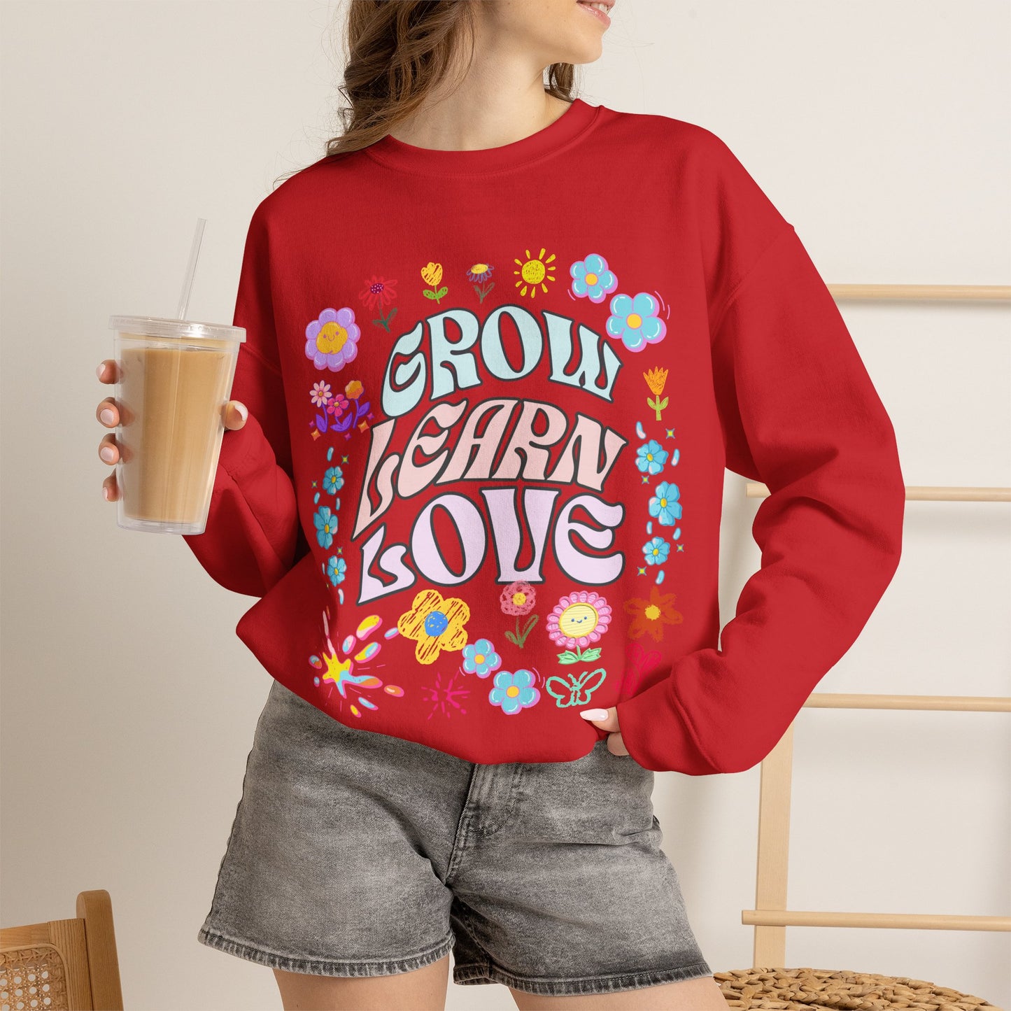 Grow Learn Love Crewneck Sweatshirt — Floral Retro Graphic