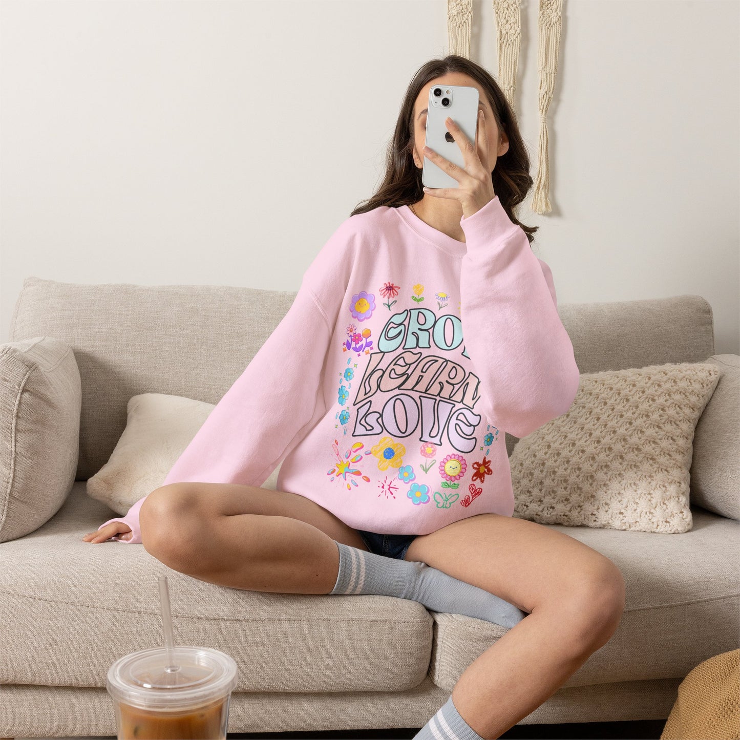 Grow Learn Love Crewneck Sweatshirt — Floral Retro Graphic