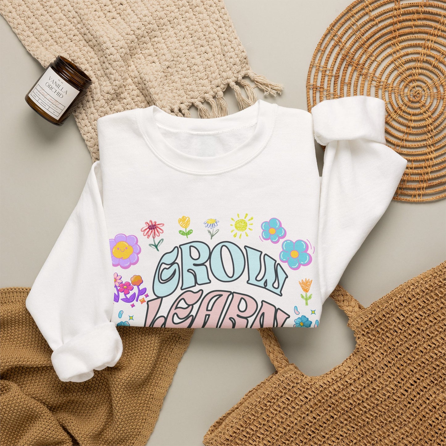 Grow Learn Love Crewneck Sweatshirt — Floral Retro Graphic