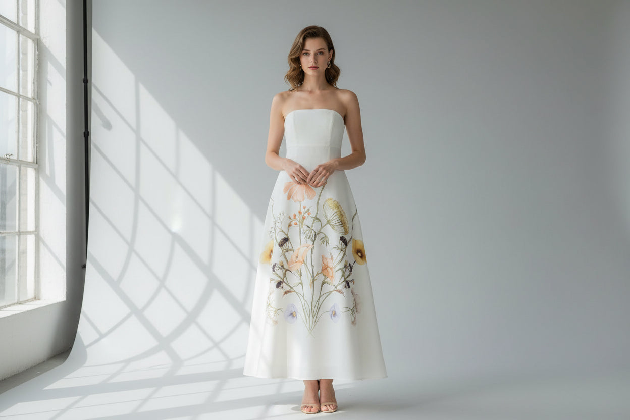Elegant Strapless Printed Floral Dress