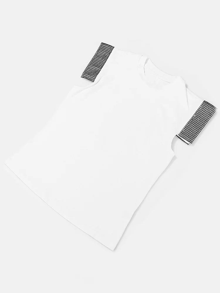 White T-shirt Rhinestones Shining Slim