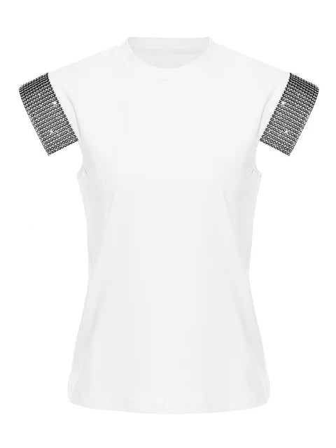 White T-shirt Rhinestones Shining Slim