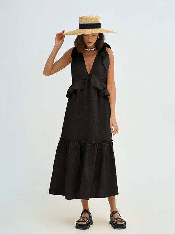 Ruffle Edge Sleeveless Design V-neck Dress